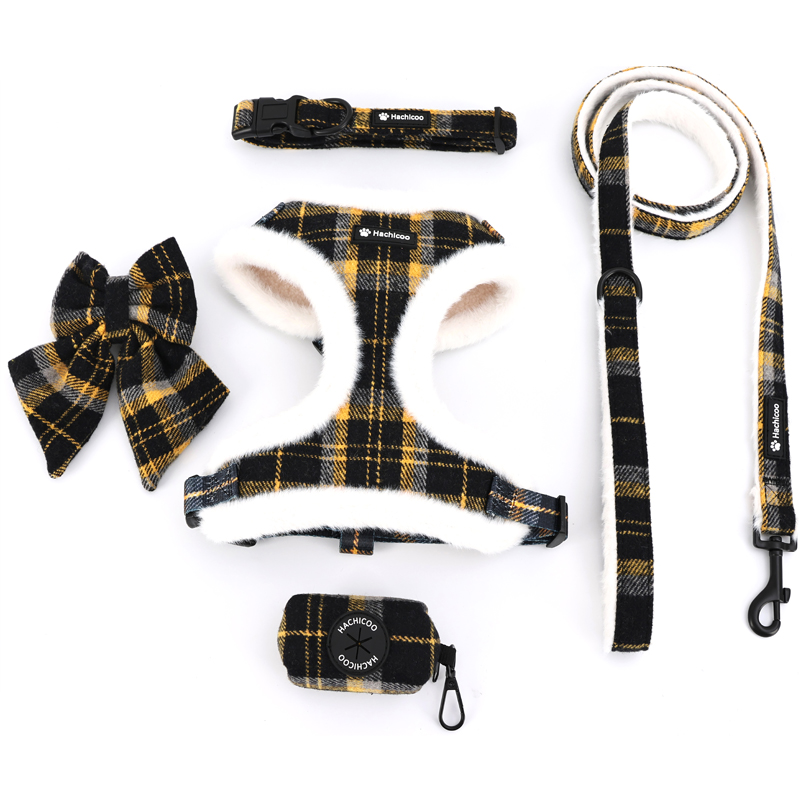 Plaid Fleece Lined Dog Harness Leash Set, Bow Decor Soft Warm Pet Vest Harness with Poop Bag Dispenser, Adjustable No‑Pull Walking Harness for Small Medium Dogs